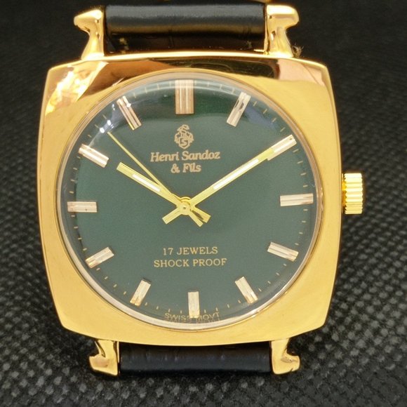 Vintage 1973 Square Henri Sandoz Manual Mens Gold Watch W/Green Face - Picture 3 of 8